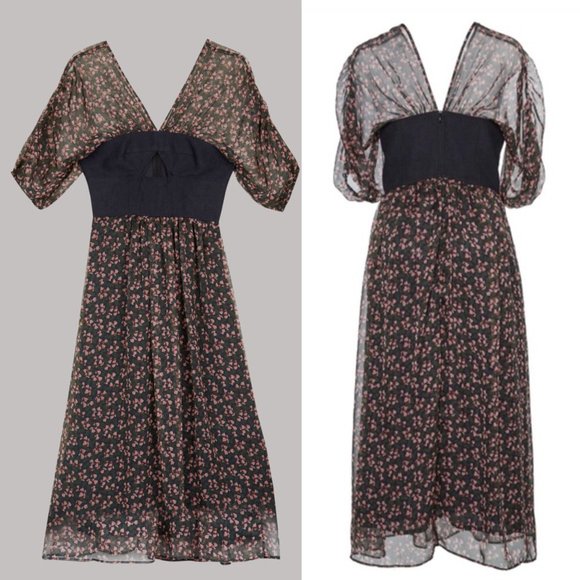 Alexa Chung Bella dress - floral chiffon midi with cutout linen bodice - RARE - Picture 3 of 6